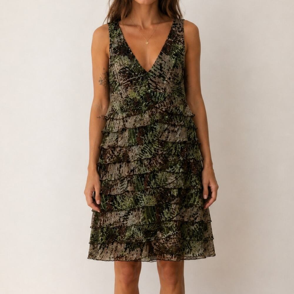 Connected Apparel Mini Dress Tiered Ruffle Earthy Lettuce Edge Forest Green-12